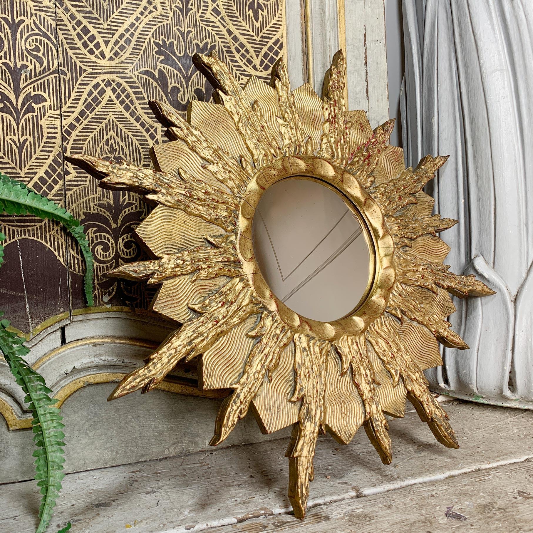 Wood Gold Sunburst Mirror, France, 1960's For Sale
