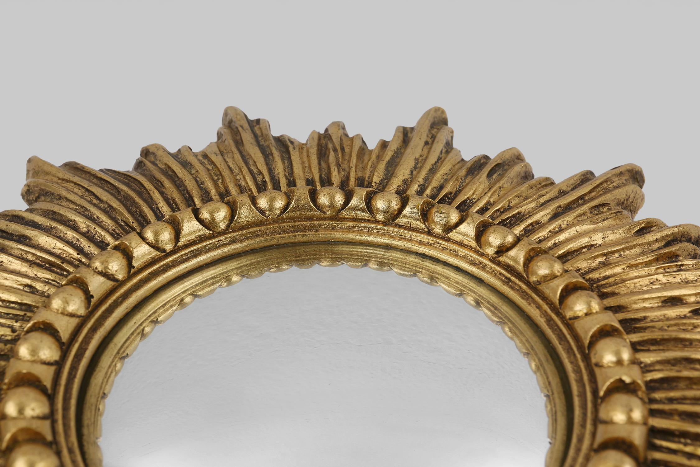 Mid-20th Century Gold sunburst mirror in resin with convex mirror, France ca. 1960 For Sale