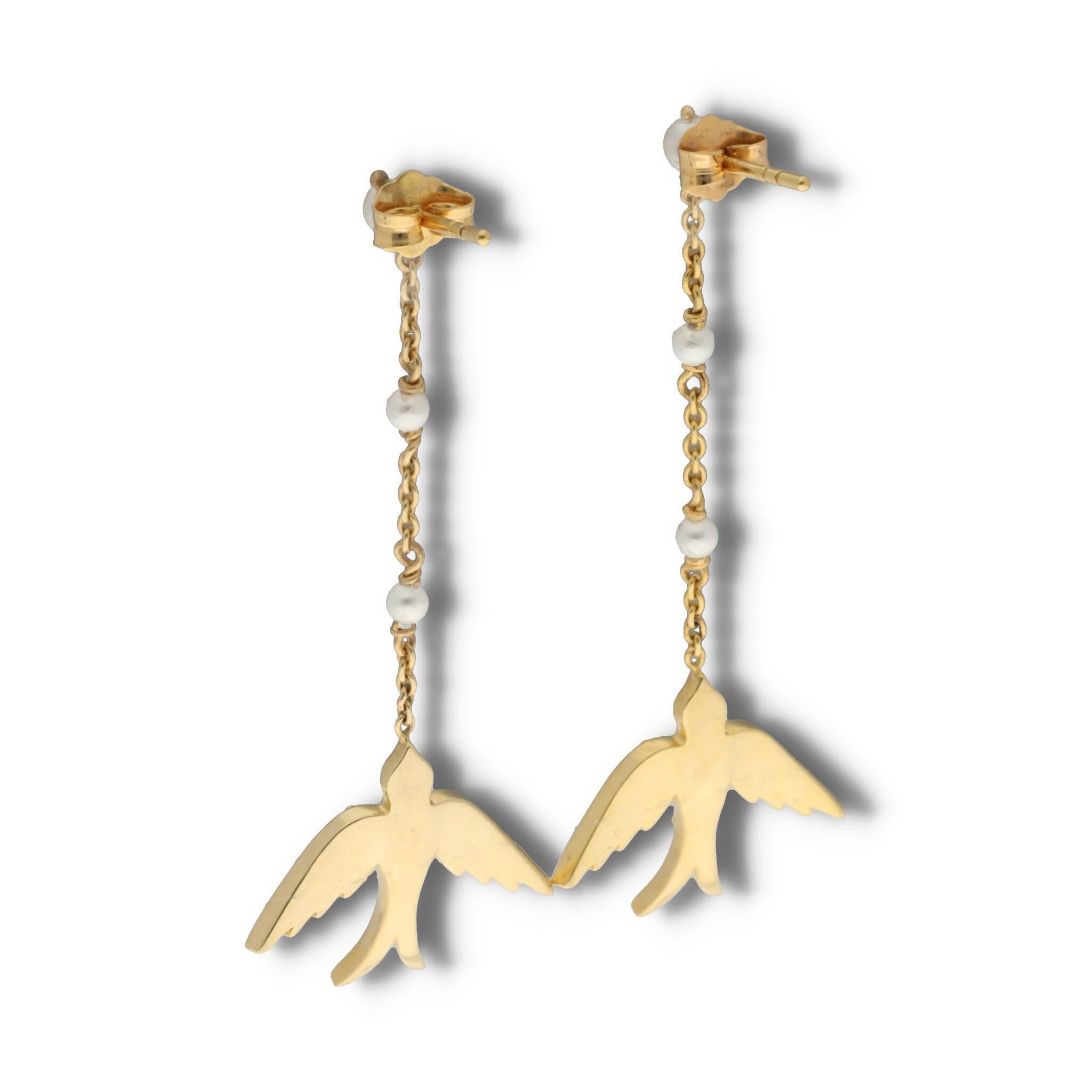 Solid 10K Gold Swallow Dangle Earrings, Long Pearl Bird Earrings For Sale 1