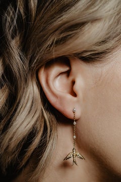 Solid 10K Gold Swallow Dangle Earrings, Long Pearl Bird Earrings