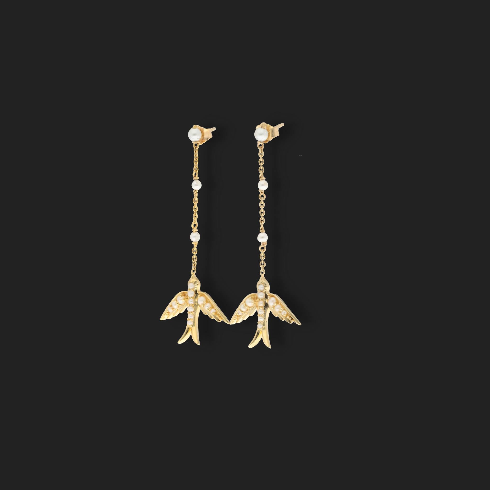Victorian Solid 10K Gold Swallow Dangle Earrings, Long Pearl Bird Earrings For Sale