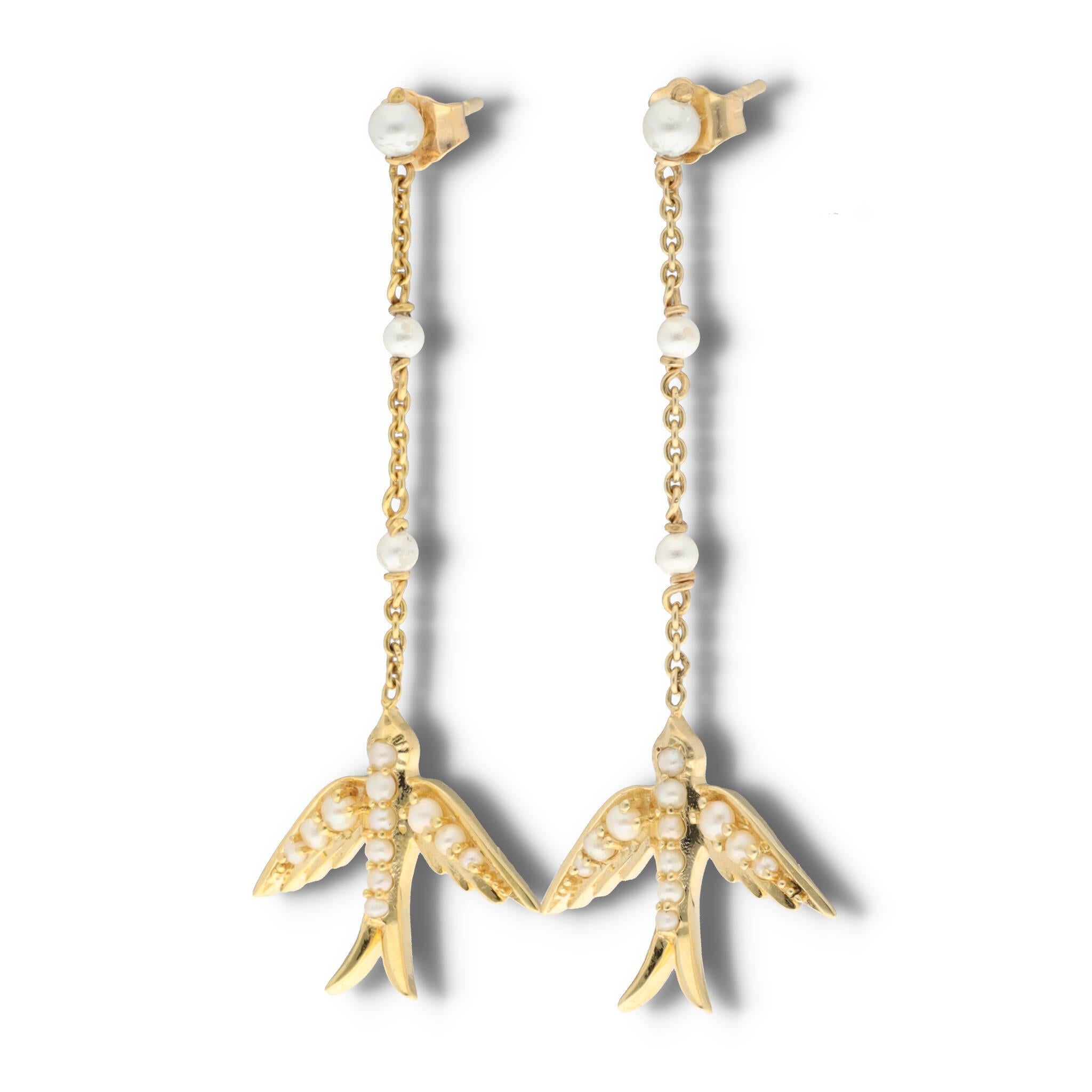 Women's Solid 10K Gold Swallow Dangle Earrings, Long Pearl Bird Earrings For Sale