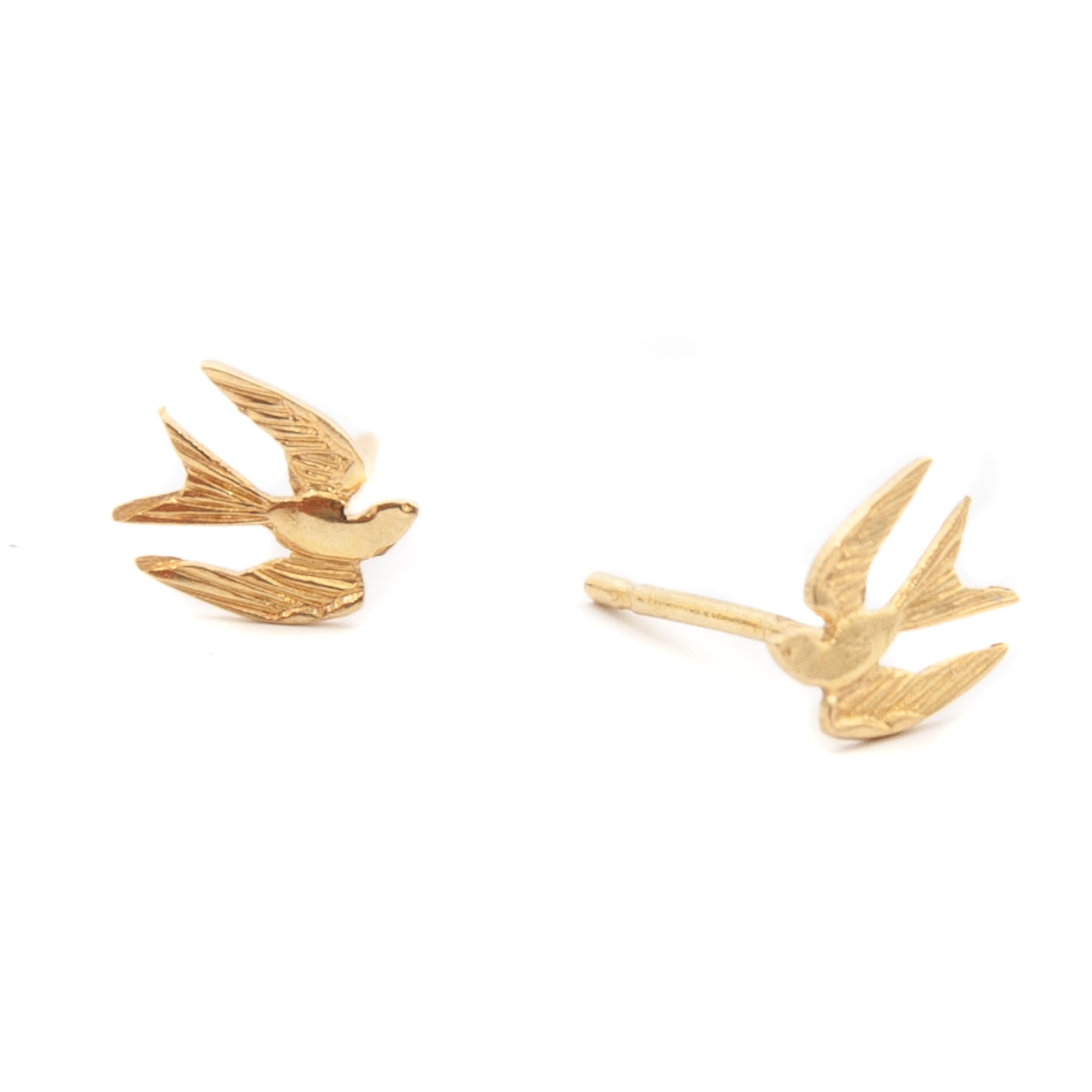 Bird Swallow 18K Gold Stud Earrings In Good Condition In Rotterdam, NL