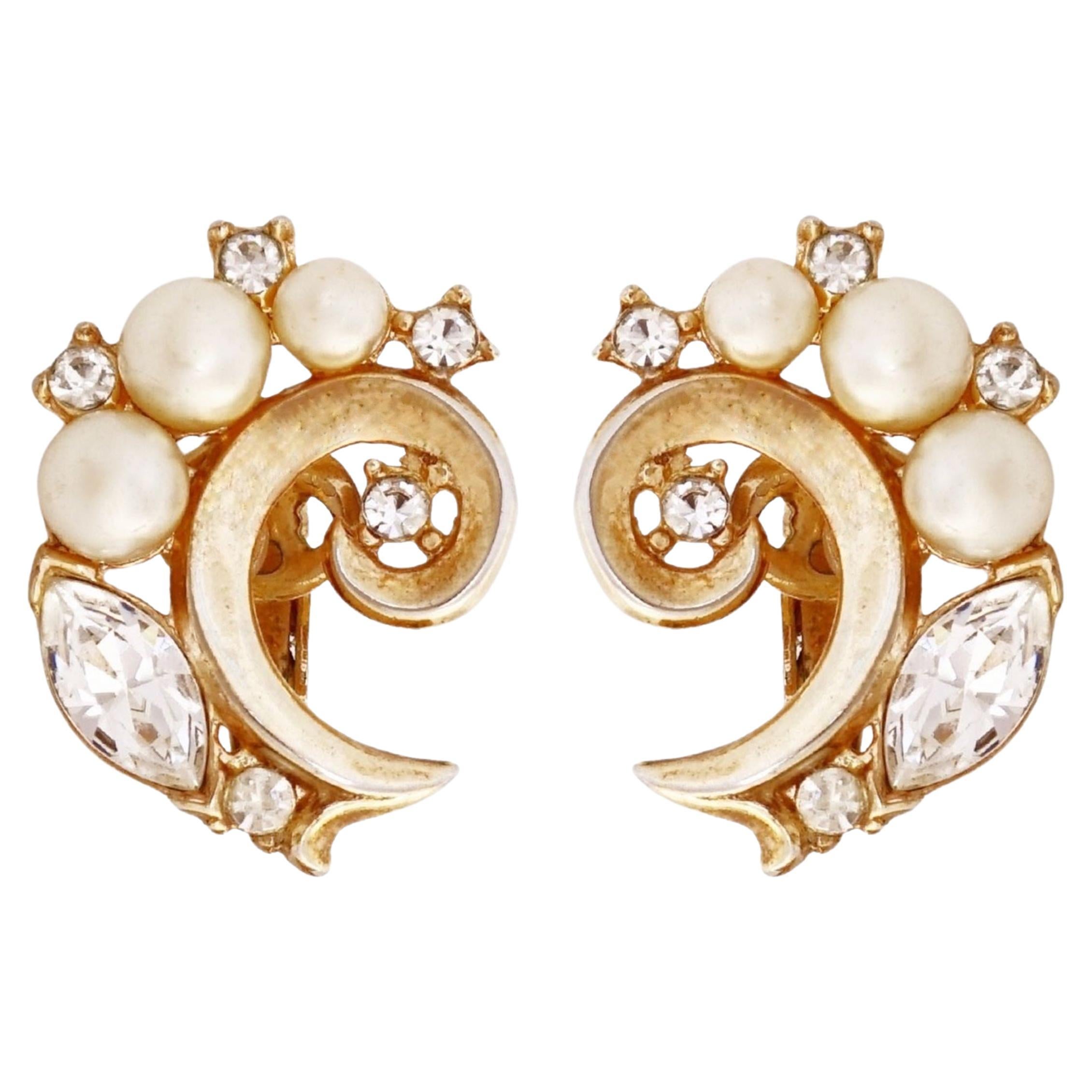 Gold Swirl Cocktail Earrings With Pearls and Crystals By Crown Trifari, 1950s