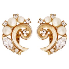 Vintage Gold Swirl Cocktail Earrings With Pearls and Crystals By Crown Trifari, 1950s