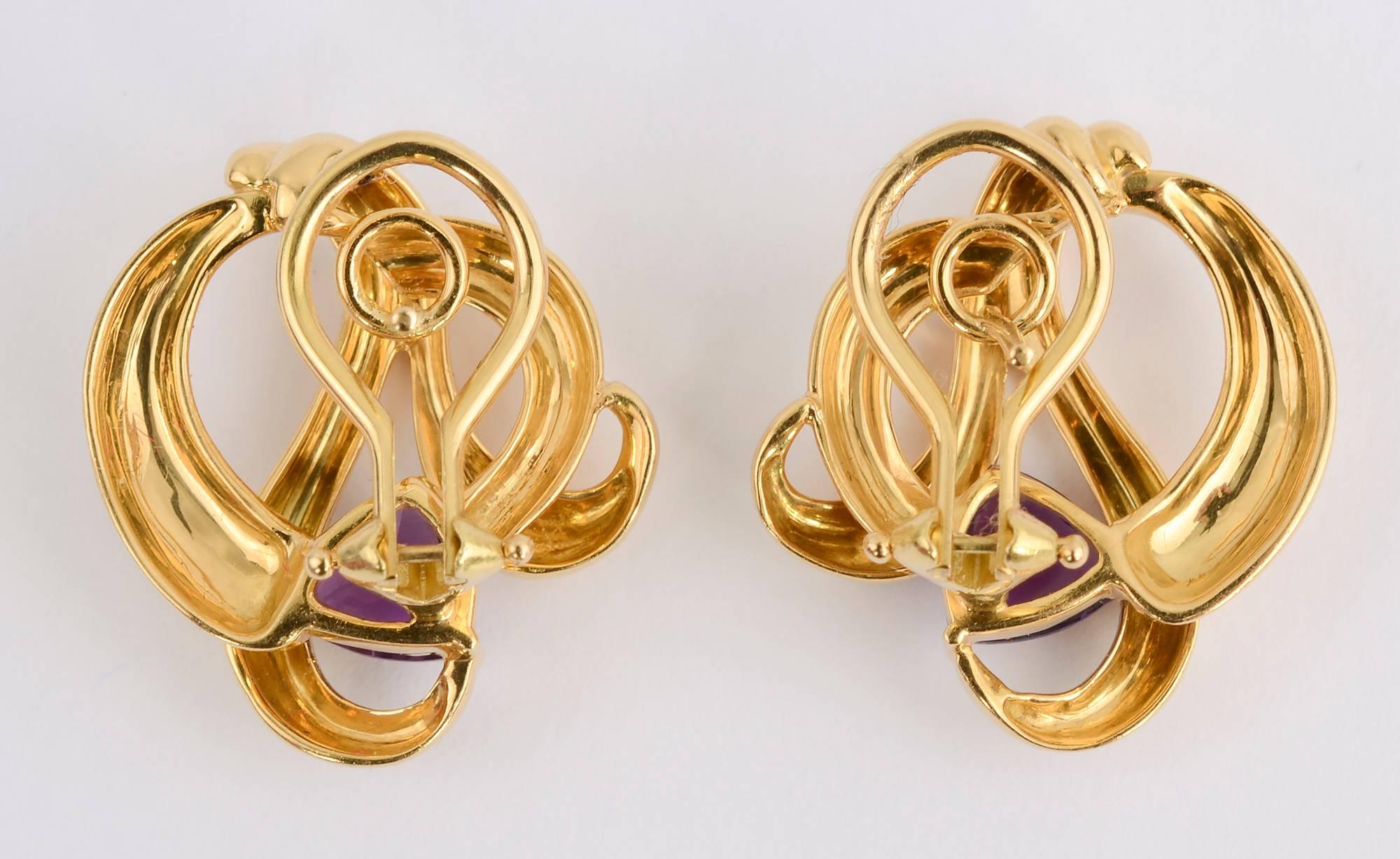 Modern Gold Swirl Earrings with Amethyst For Sale