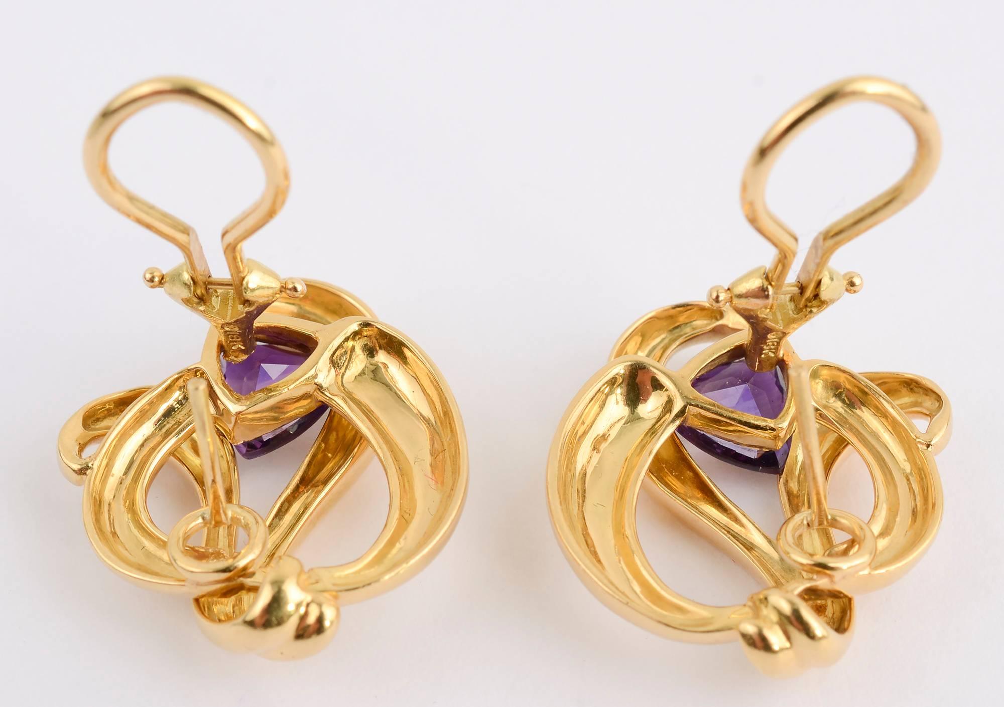 Emerald Cut Gold Swirl Earrings with Amethyst For Sale