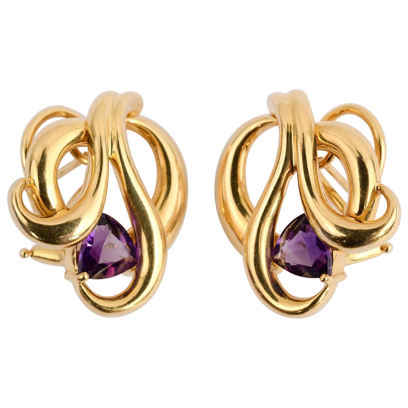 Gold Swirl Earrings with Amethyst For Sale