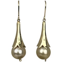 Gold Tahitian Pearl, 11.7 MM, Tulip-Shaped Yellow Gold French Hook Drop Earrings