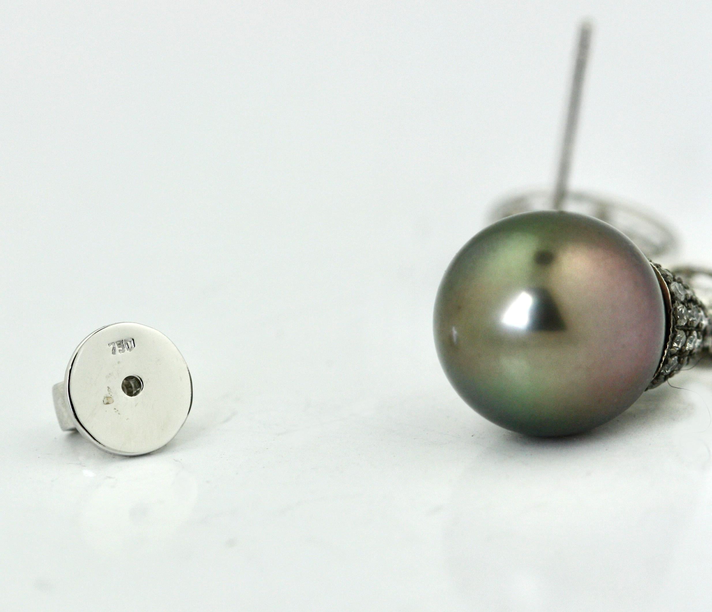 18 KT GOLD TAHITIAN PEARL AND DIAMOND EARRINGS,
approx. 12.5 MM Pearls,
approx. 1.75 CT Diamonds