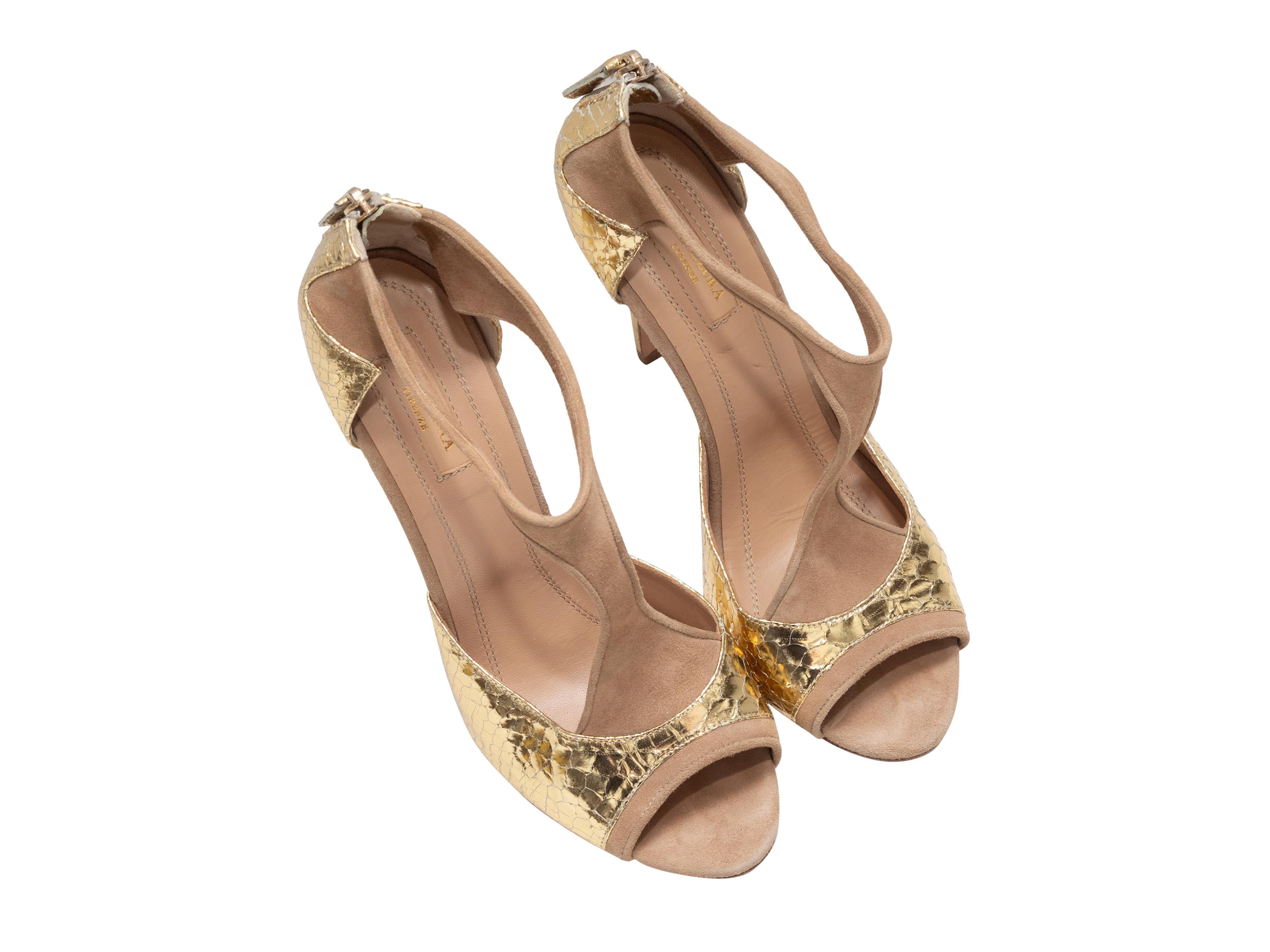 Gold patent and tan suede cutout heels by Aquazzura. Zip closures at counters. 4.5