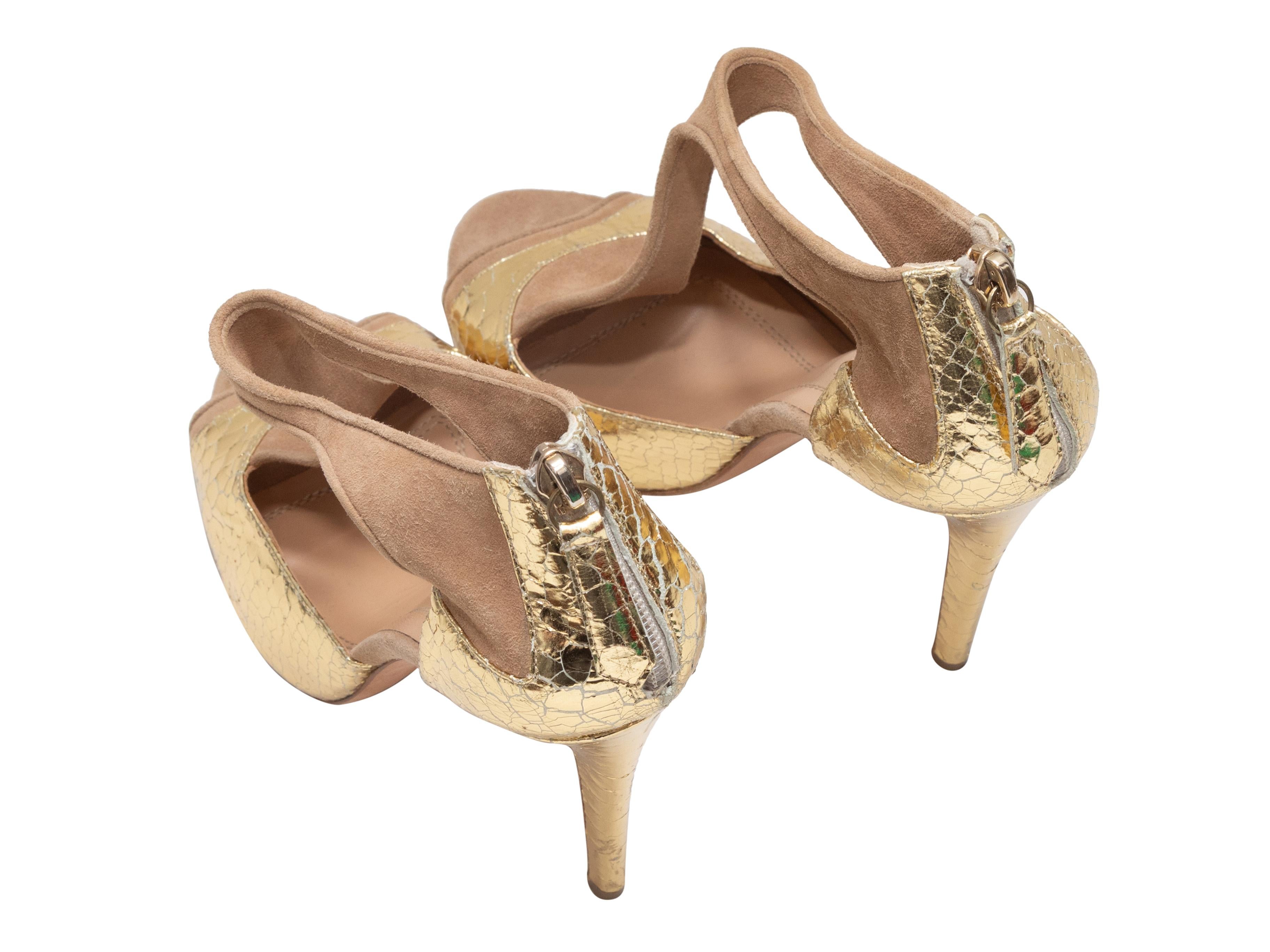 Brown Gold & Tan Aquazzura Patent & Suede Cutout Heels Size 39.5 For Sale