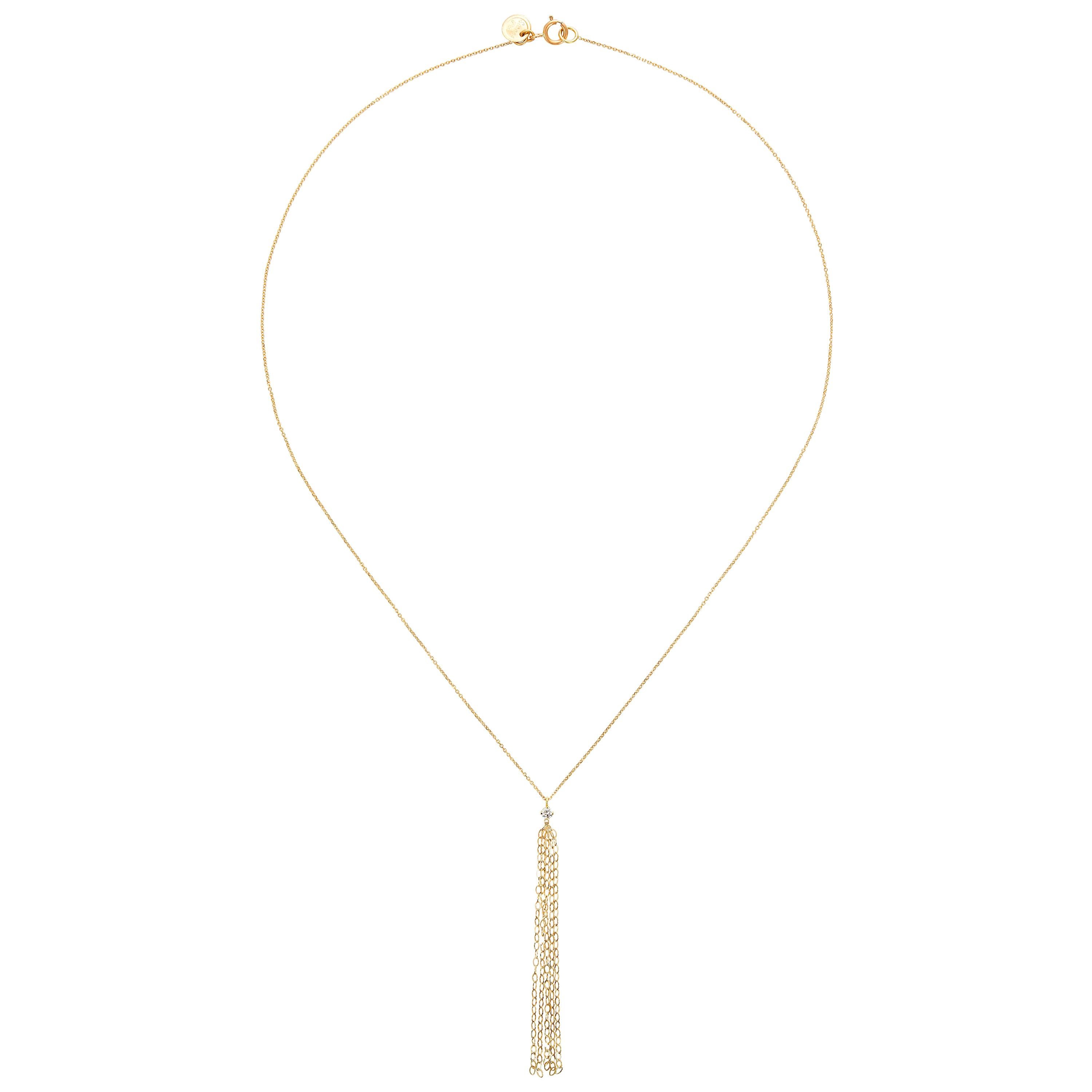 Sweet Pea Gold Tassel 18 Karat Yellow Gold and Diamond Necklace with Chain Drop For Sale