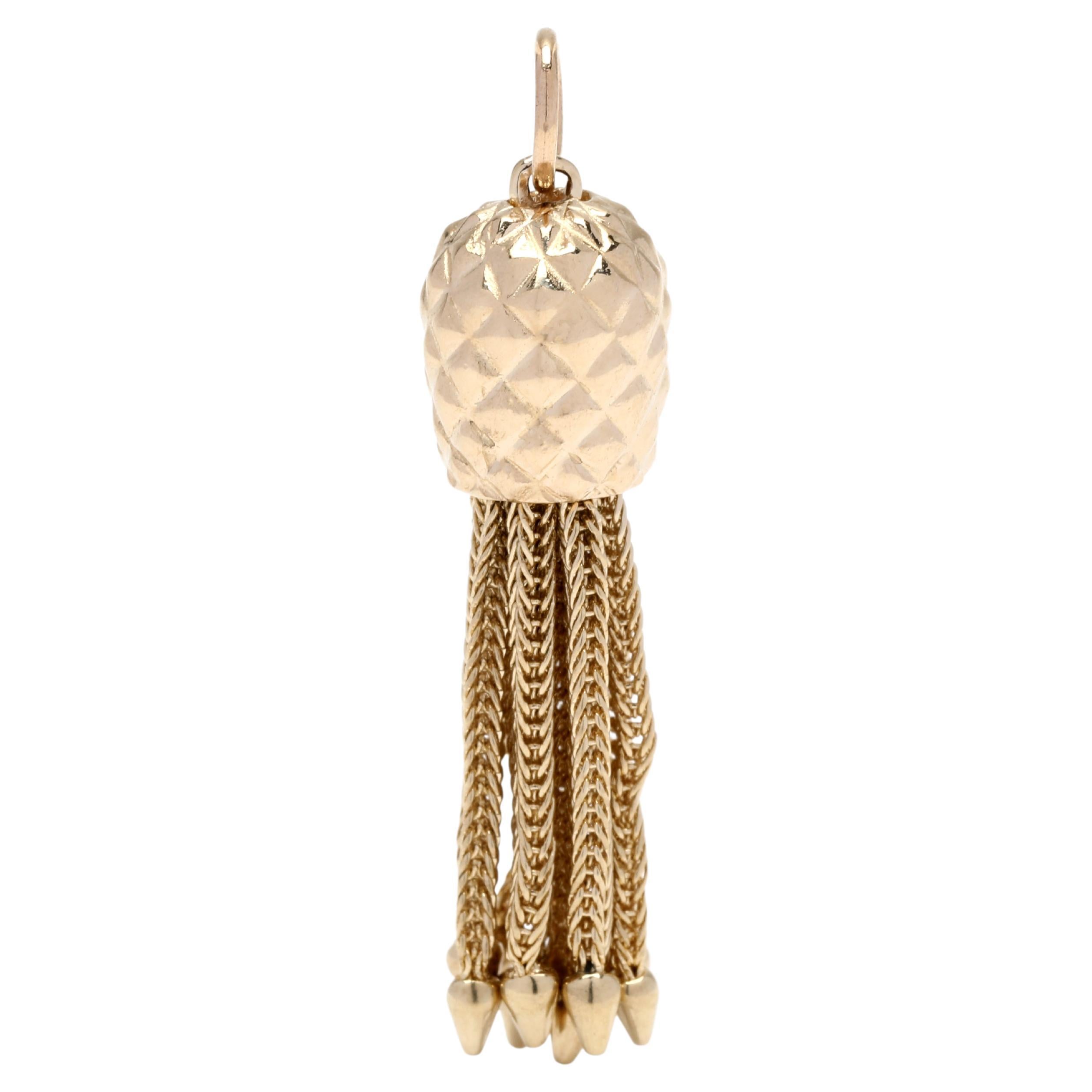 Gold Tassel Charm, 14k Yellow Gold, Acorn Tassel Pendant, Medium Gold Tassel For Sale