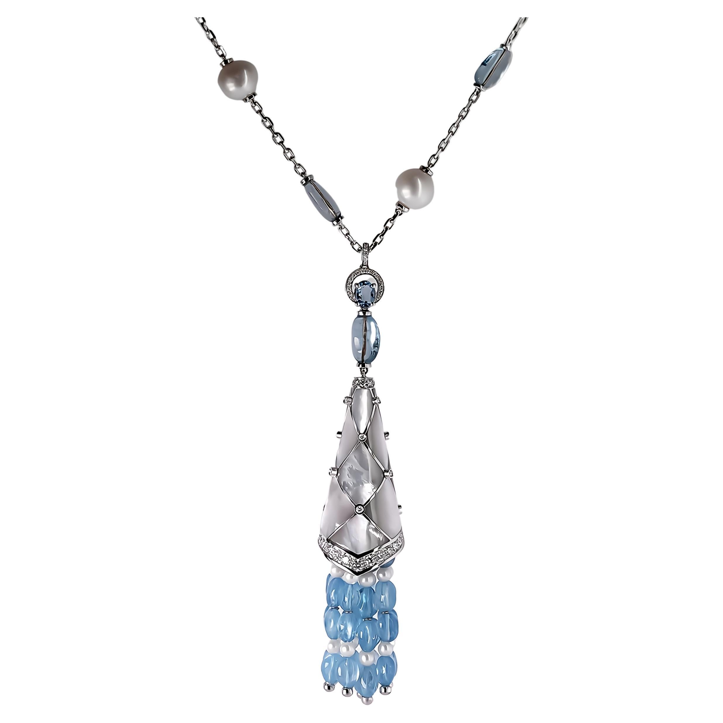 Ravishing Gold Tassel Necklace with Australian Pearls, Diamonds and Aquamarines