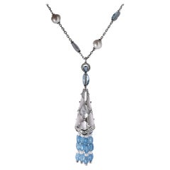 Ravishing Gold Tassel Necklace with Australian Pearls, Diamonds and Aquamarines