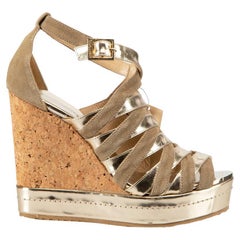 Gold & Taupe Leather Wedge Sandals Size IT 38