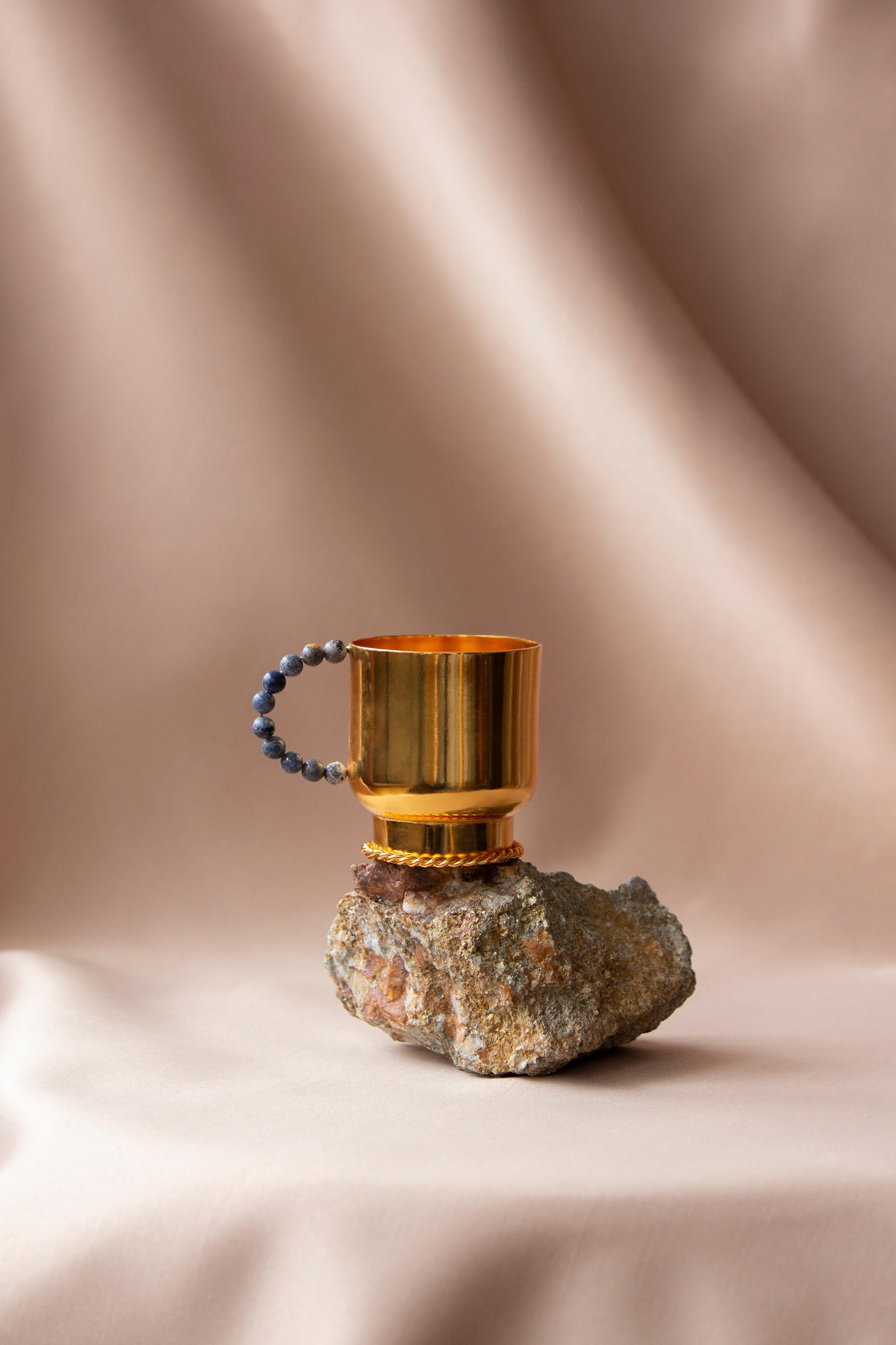 Italian Contemporary Gold Plated Tea Cup Lapis Lazuli Stone in Italy by Natalia Criado For Sale