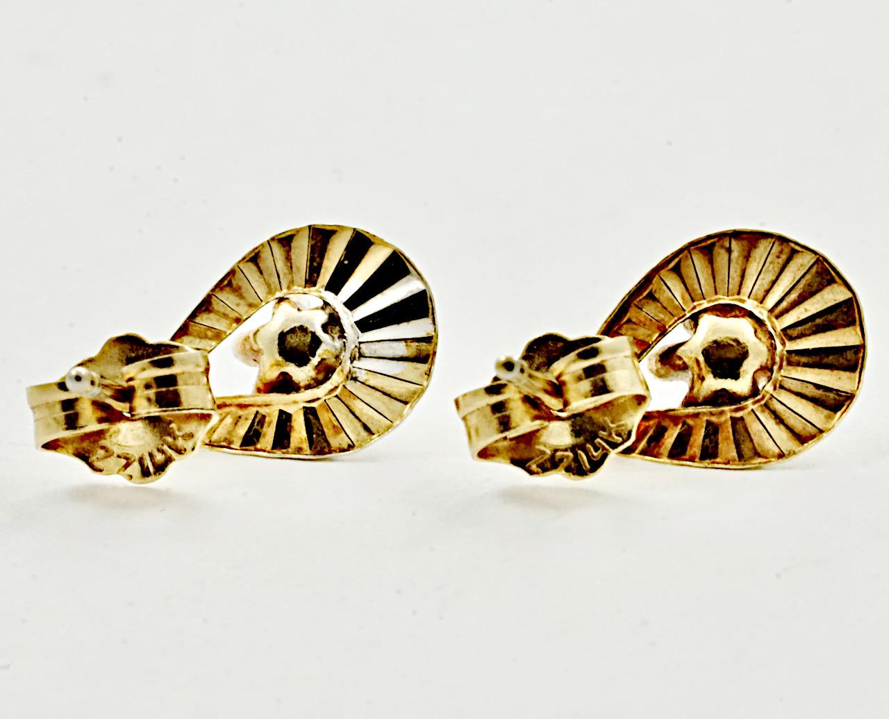 Round Cut Gold Teardrop Diamond Cut Stud Earrings set with Diamonds circa 1940s For Sale