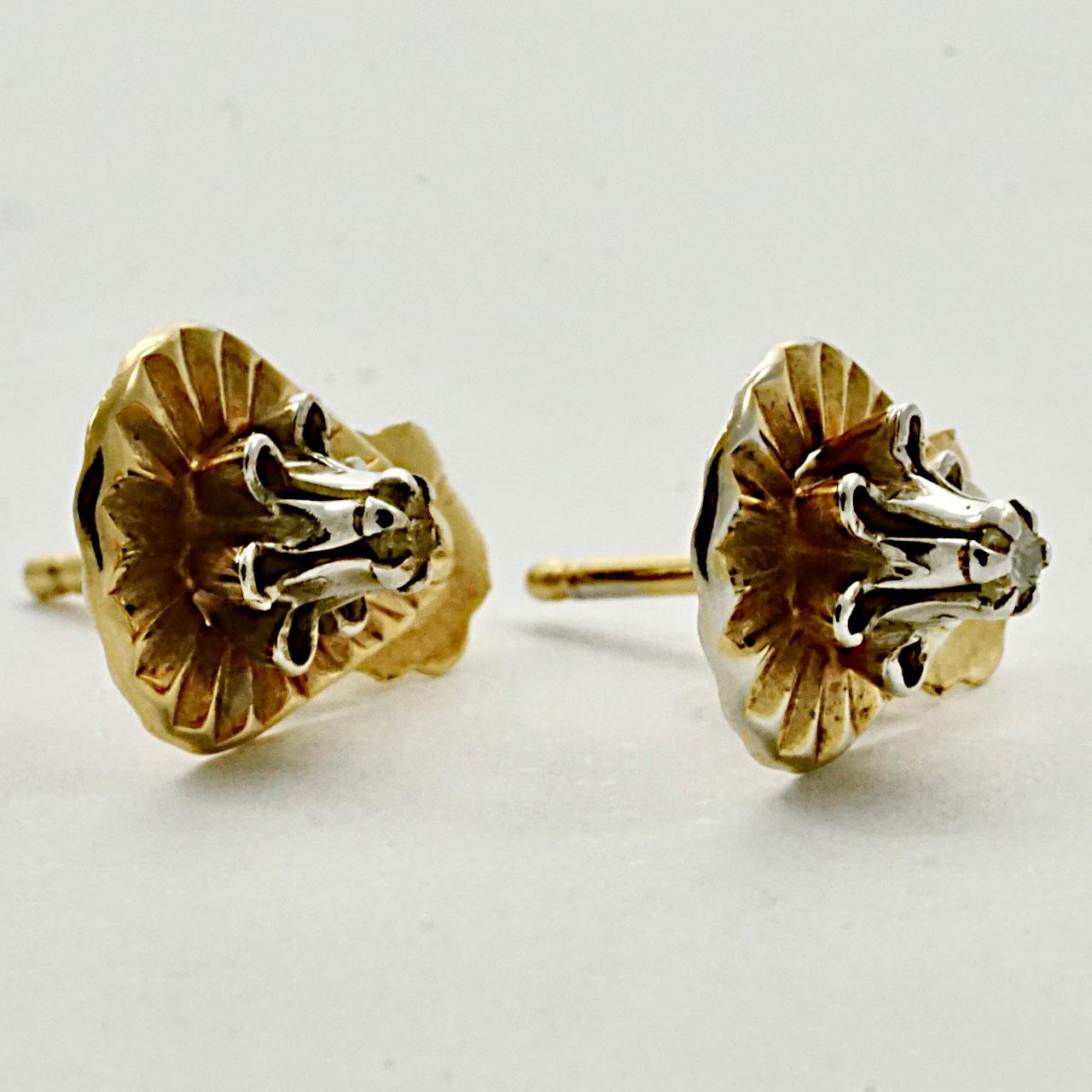Gold Teardrop Diamond Cut Stud Earrings set with Diamonds circa 1940s In Good Condition For Sale In London, GB