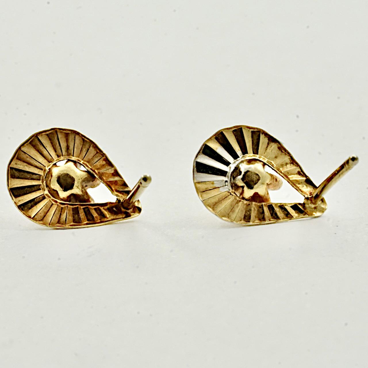 Women's or Men's Gold Teardrop Diamond Cut Stud Earrings set with Diamonds circa 1940s For Sale