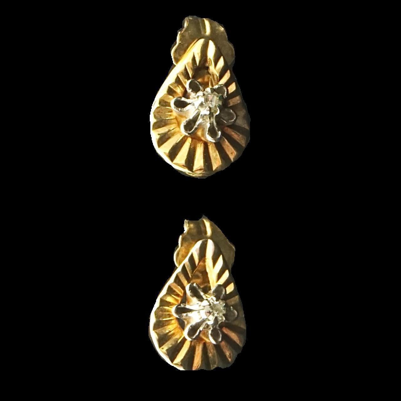 Gold Teardrop Diamond Cut Stud Earrings set with Diamonds circa 1940s For Sale 1