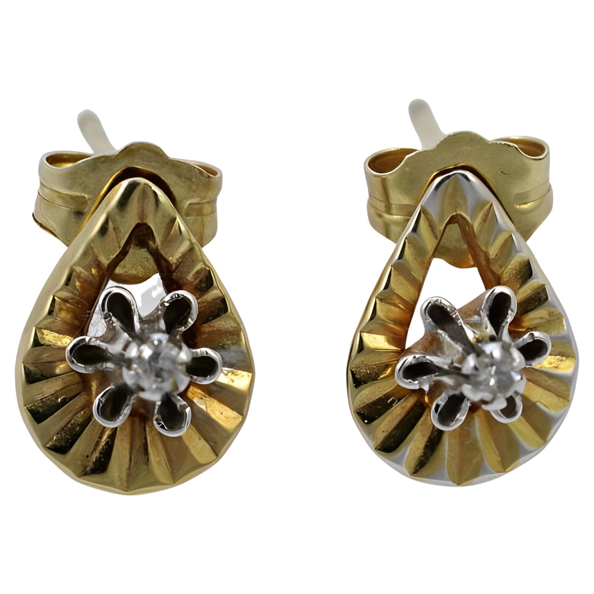 Gold Teardrop Diamond Cut Stud Earrings set with Diamonds circa 1940s