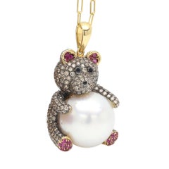 Gold Teddy Bear Necklace Large Pearl champagne Diamonds 18 Karat Yellow Gold