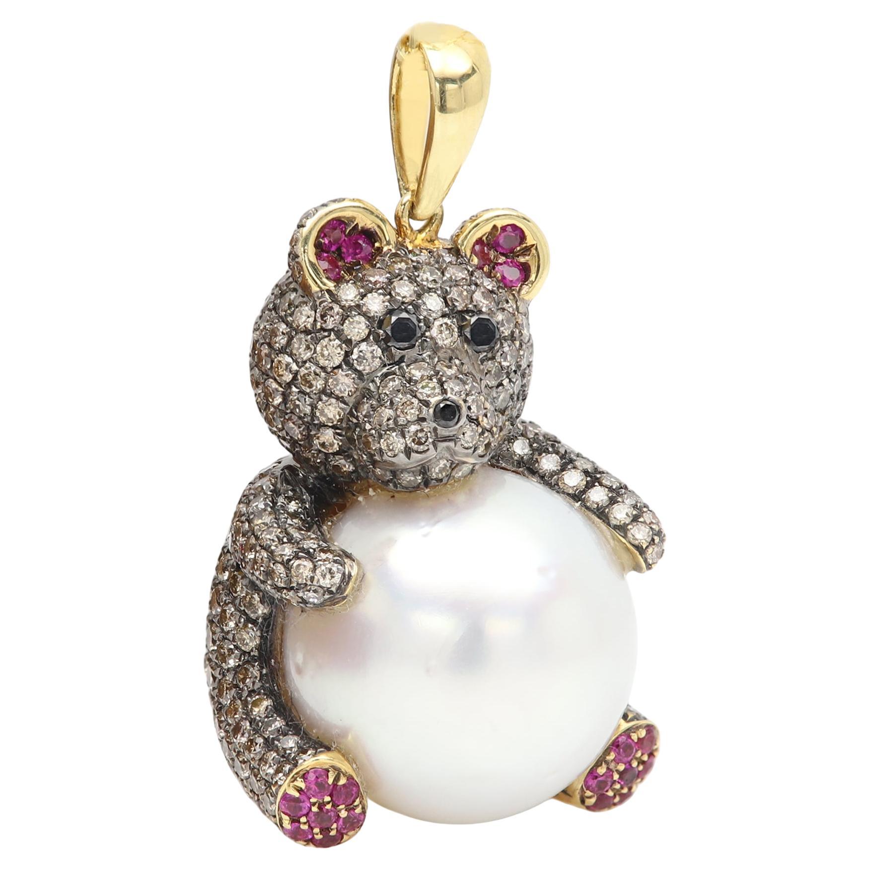 Gold Teddybär Halskette Große Perle Champagner Diamanten 18 Karat Gelbgold