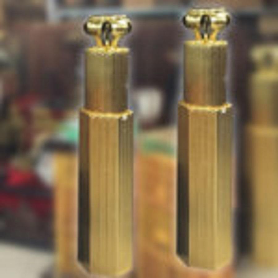 Glistening pair (two) beautiful old gold gilt and black lacquer three part wooden temple columns, acquired from a Northern Kyoto collector. They offer three different display height possibilities for your treasures. 

Each column separates into