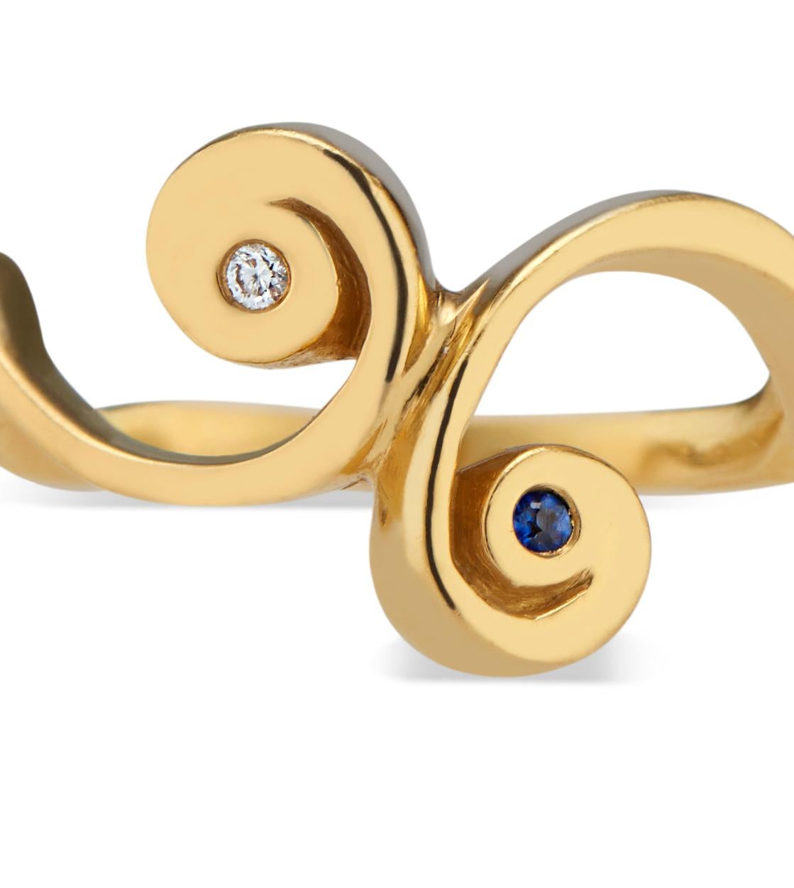 Contemporary Gold Tendril Ring with Royal Blue Sapphire and Diamond For Sale