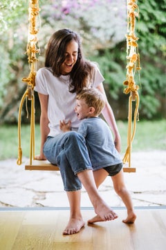 Gold Textile Swing Handmade Crochet in Cotton and Polyester with Oak Wood Seat