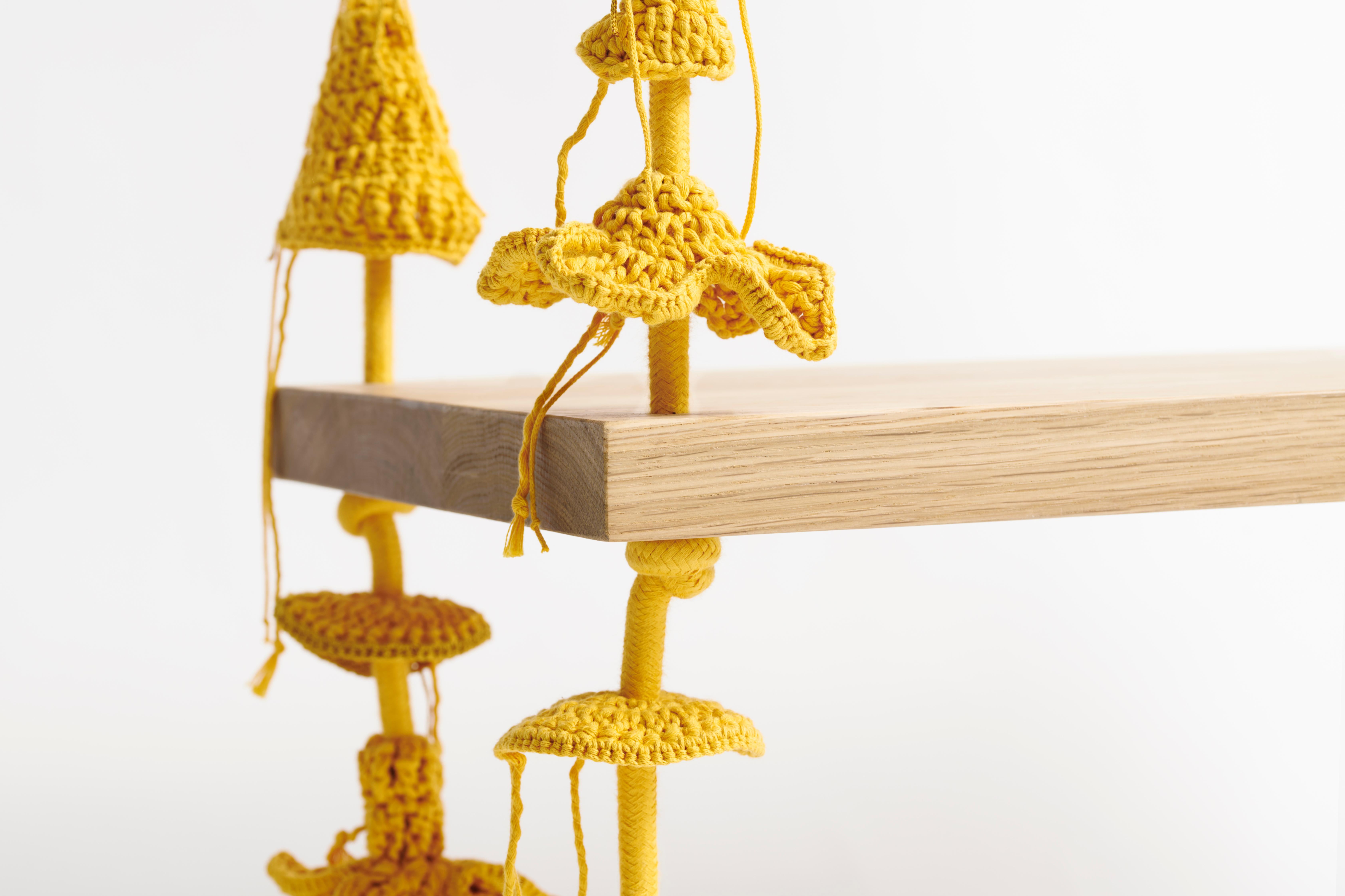 Contemporary Gold Textile Swing Handmade Crochet in Cotton and Polyester with Oak Wood Seat