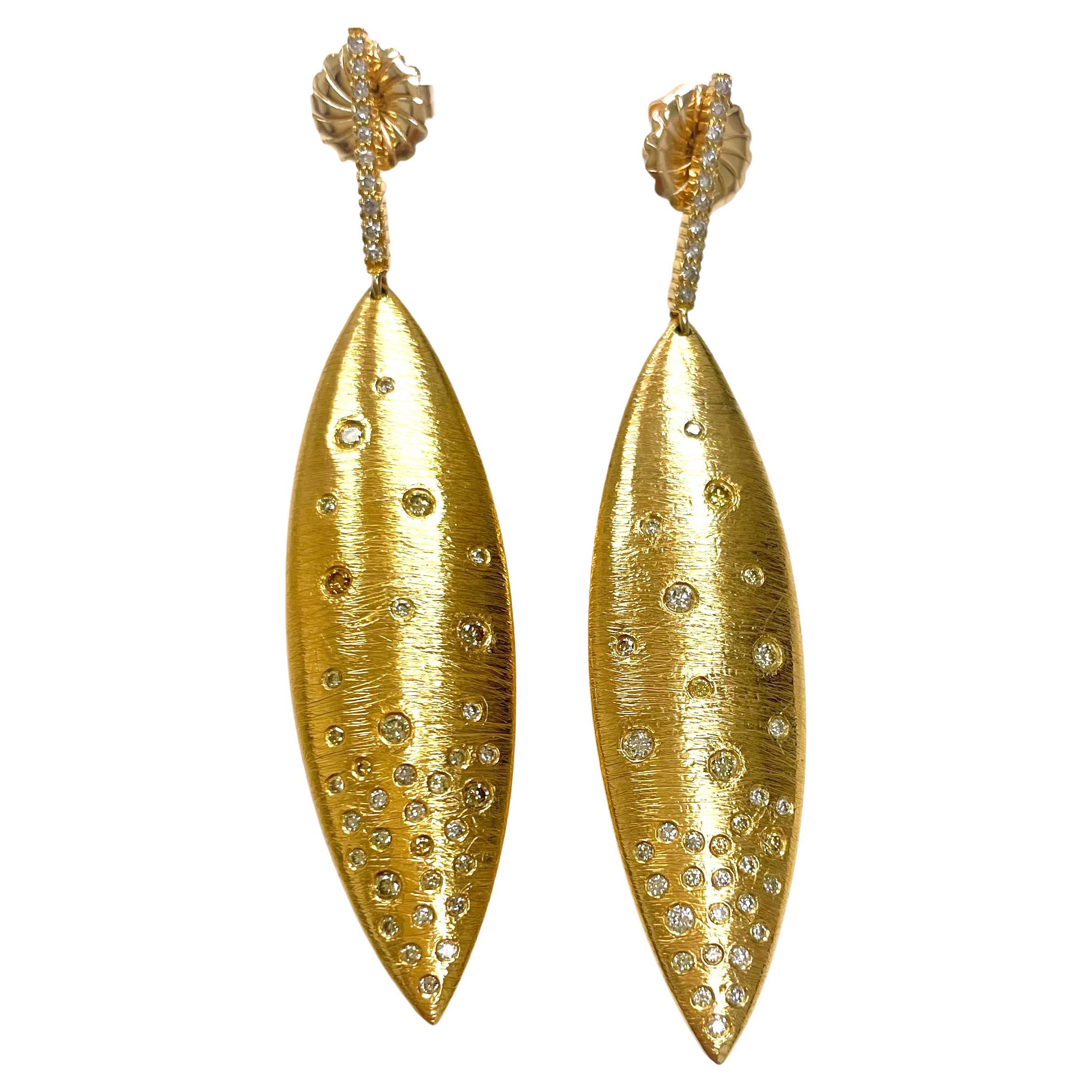 Artisan Gold Textured Earrings with Diamond Clusters For Sale