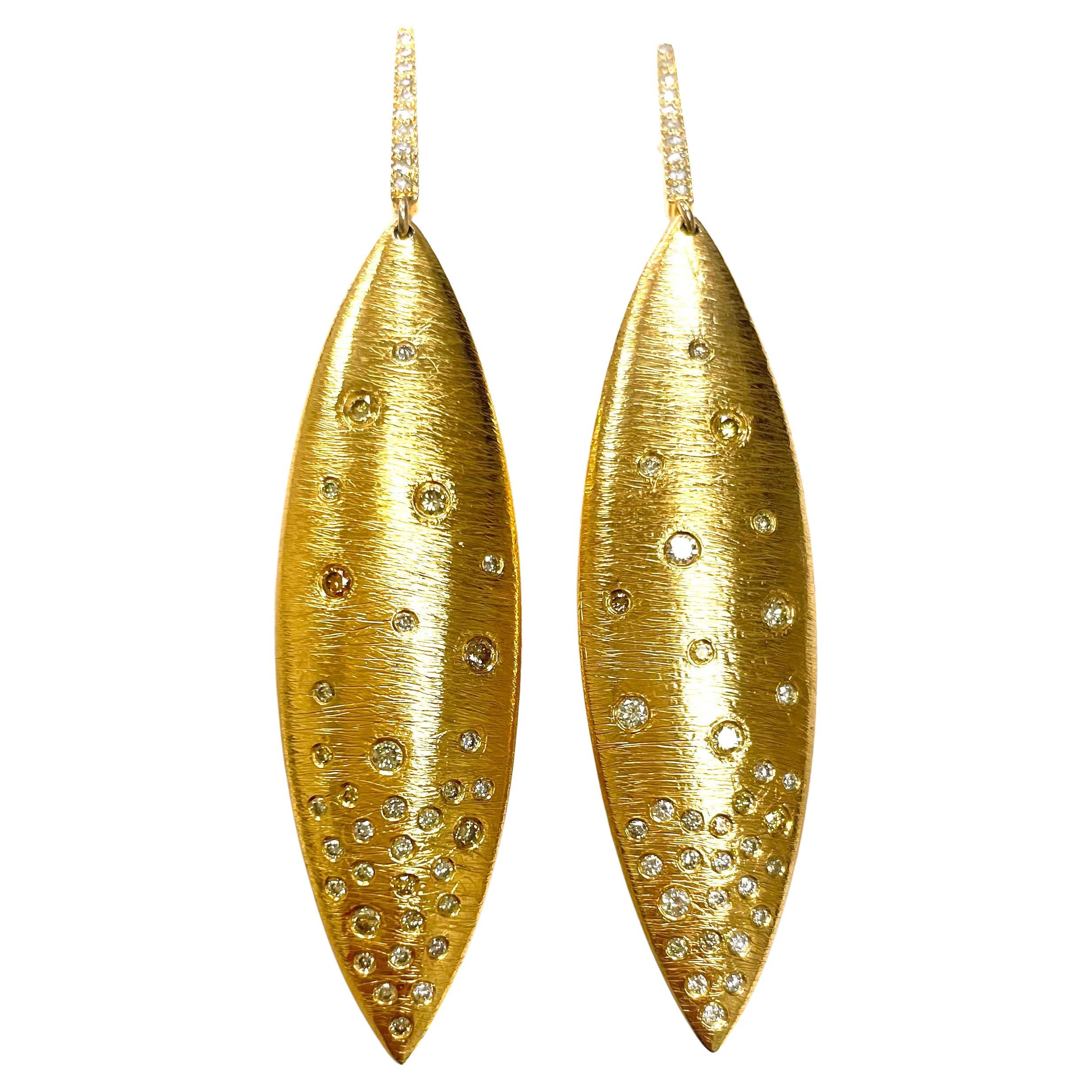 Gold Textured Earrings with Diamond Clusters For Sale 1