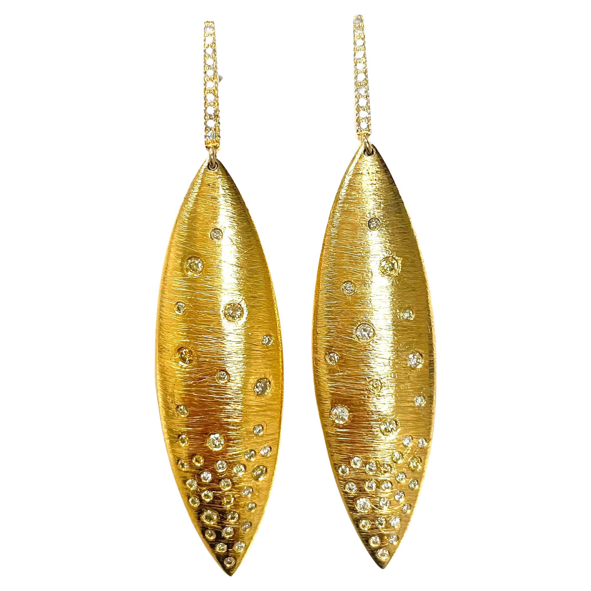 Gold Textured Earrings with Diamond Clusters For Sale