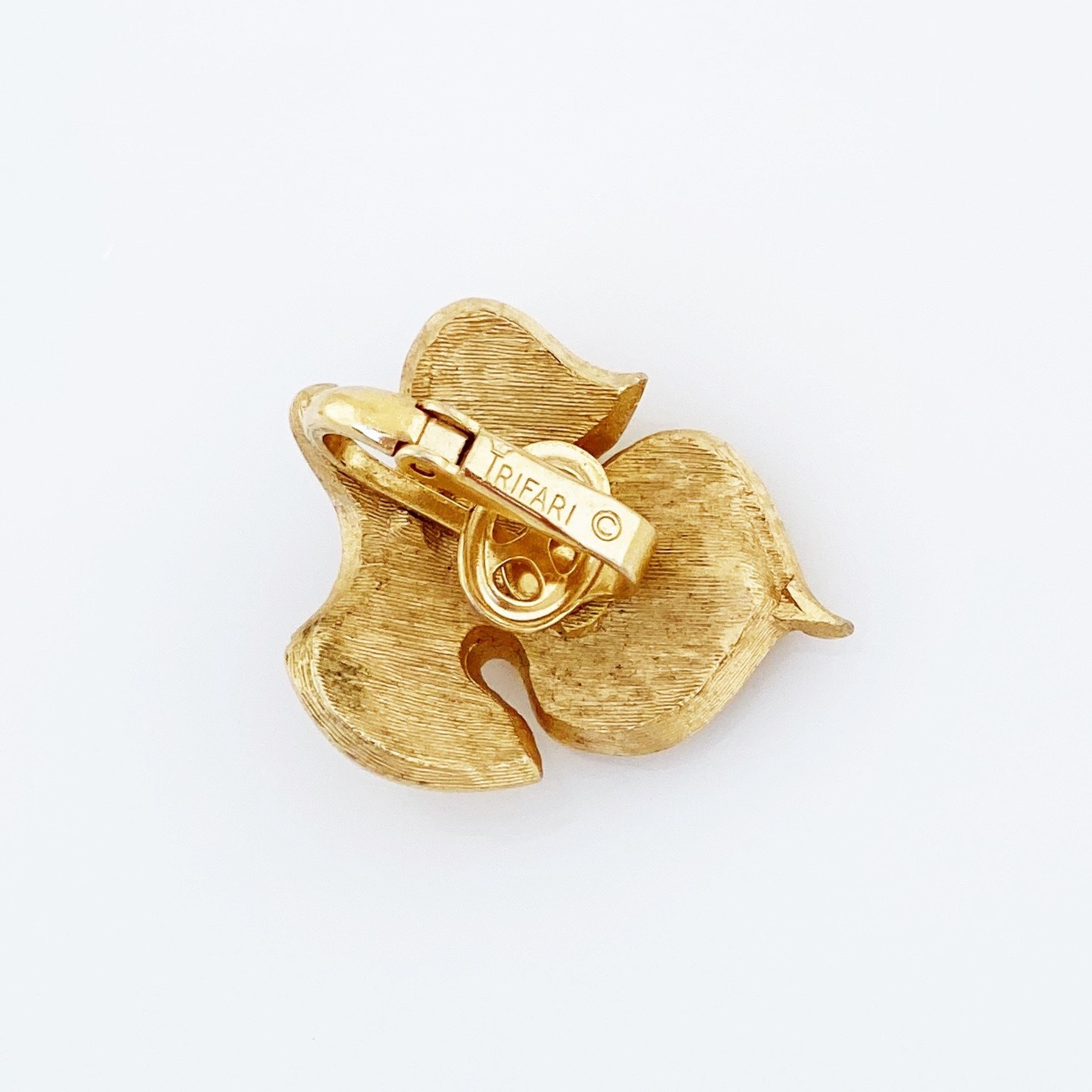 Modern Gold Textured Leaf Earrings By Crown Trifari, 1960s