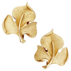 Gold Textured Leaf Earrings By Crown Trifari, 1960s