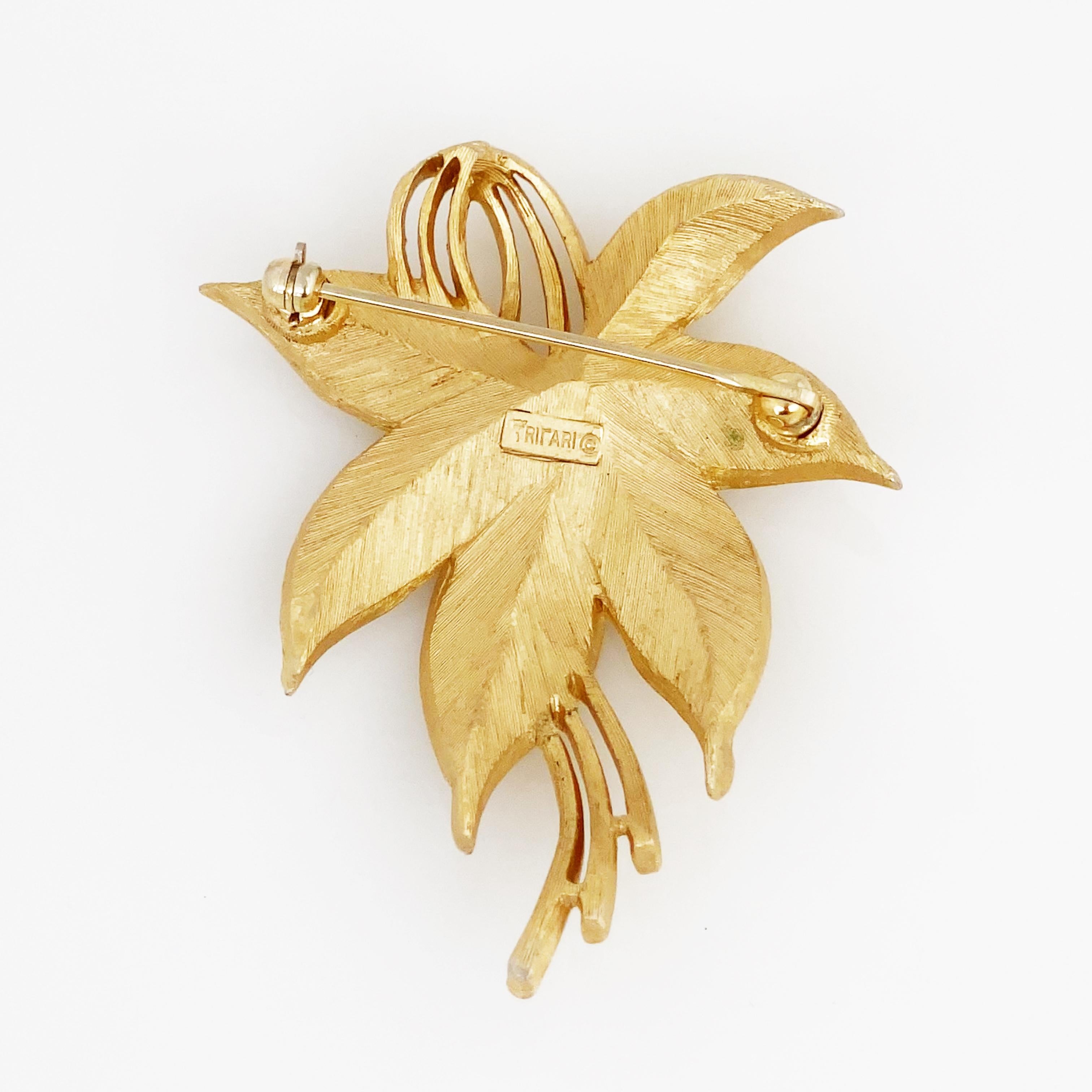 Modern Gold Textured Leaf Spray Brooch By Crown Trifari, 1960s