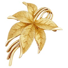 Gold Textured Leaf Spray Brooch By Crown Trifari, 1960s