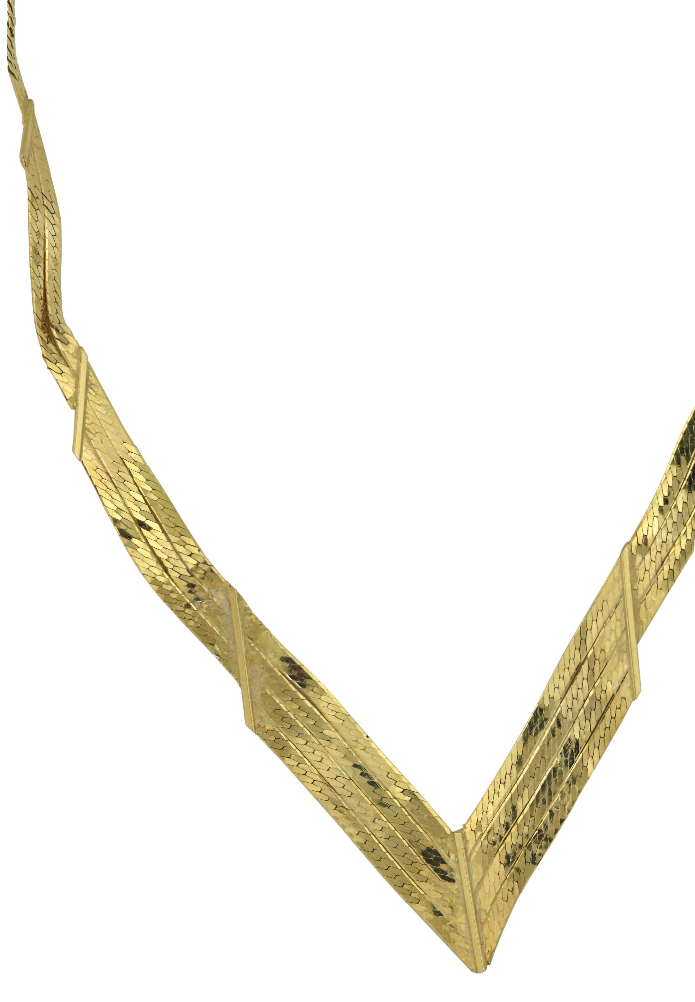 
Collana con trama dorata
Oro giallo 14 carati
Peso totale 5,5 grammi
Lunghezza 19 pollici (48,26 cm)
Rapporto sulle condizioni
Nessuna Condit