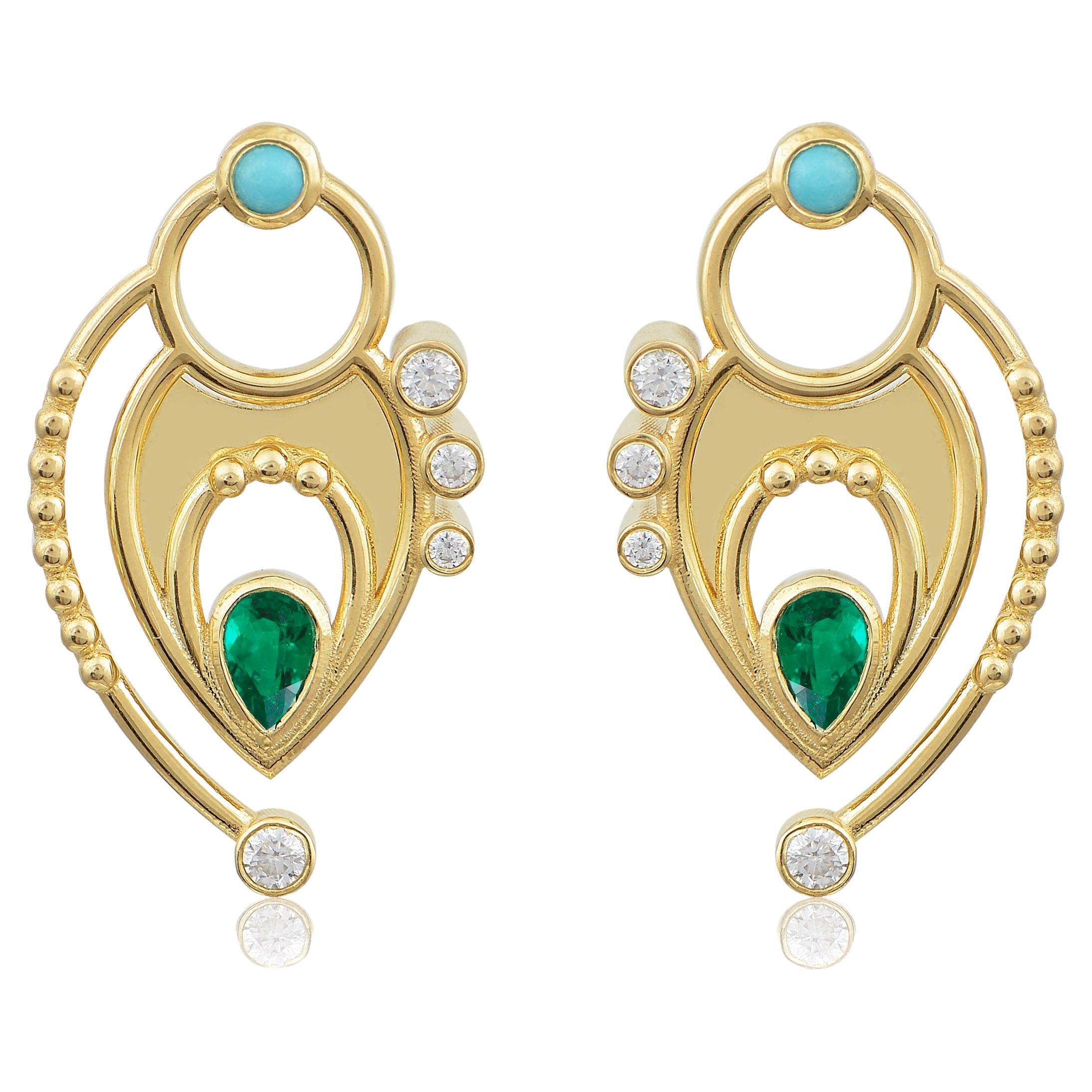 Gold Textures Earrings in 18 Karat Yellow Gold with Diamond, Turquoise, Emerald For Sale