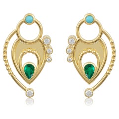 Gold Textures Earrings in 18 Karat Yellow Gold with Diamond, Turquoise, Emerald