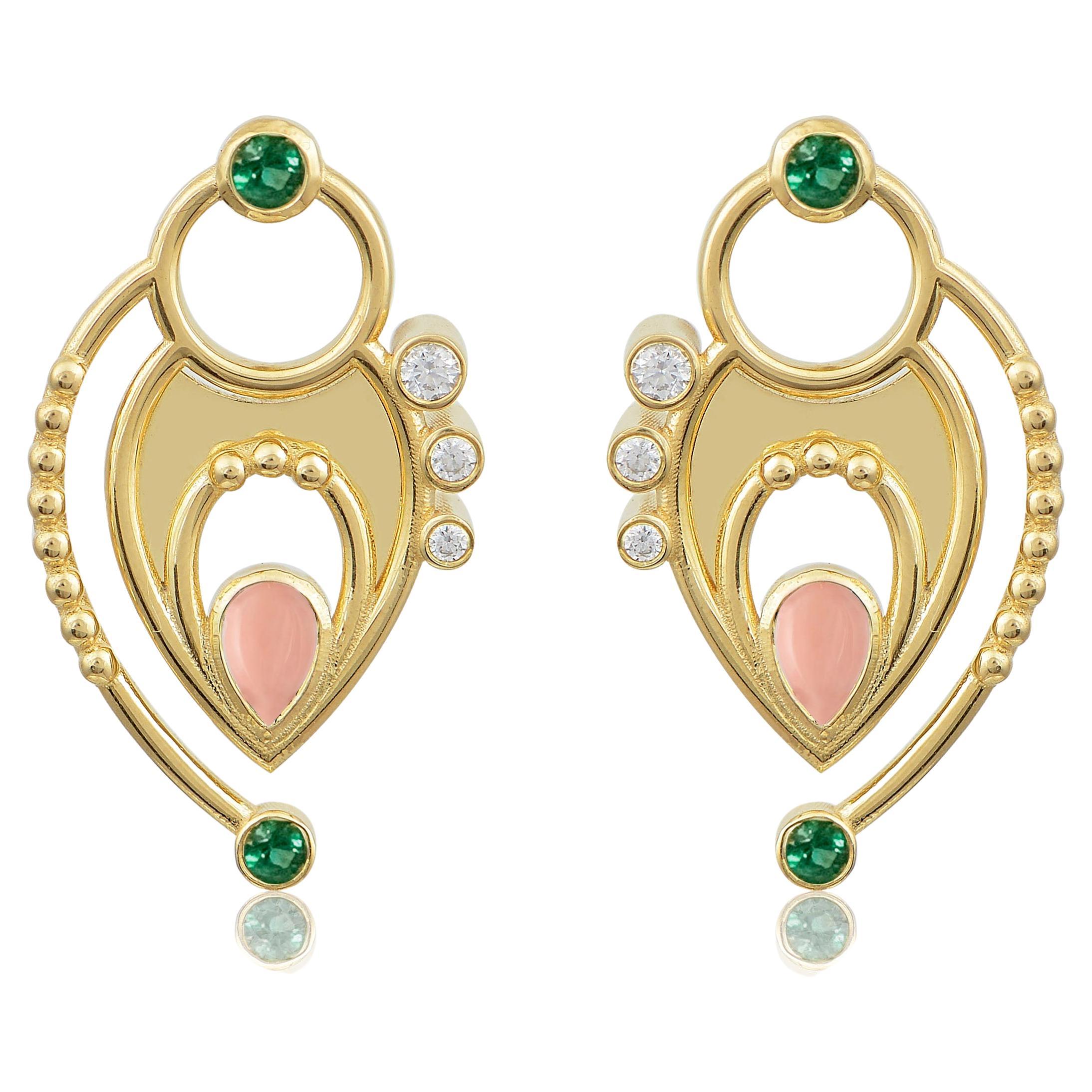 Gold Textures Earrings in 18 Karat Yellow Gold with Diamonds, Coral, Emerald