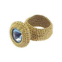 Gold Thread Light Blue Swarovski Crochet Delicate Made To Order Cocktail Ring