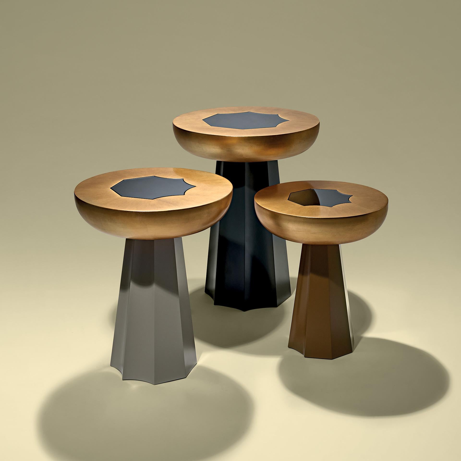Gold table set in gold leaf and grey mirror and base in lacquer matt 
     
The other tables dimensions:
Ø 18 x H 20 in
Ø 16 x H 18 in.

Bespoke / Customizable
Identical shapes with different sizes and finishings.
All RAL colors available. (Mate /