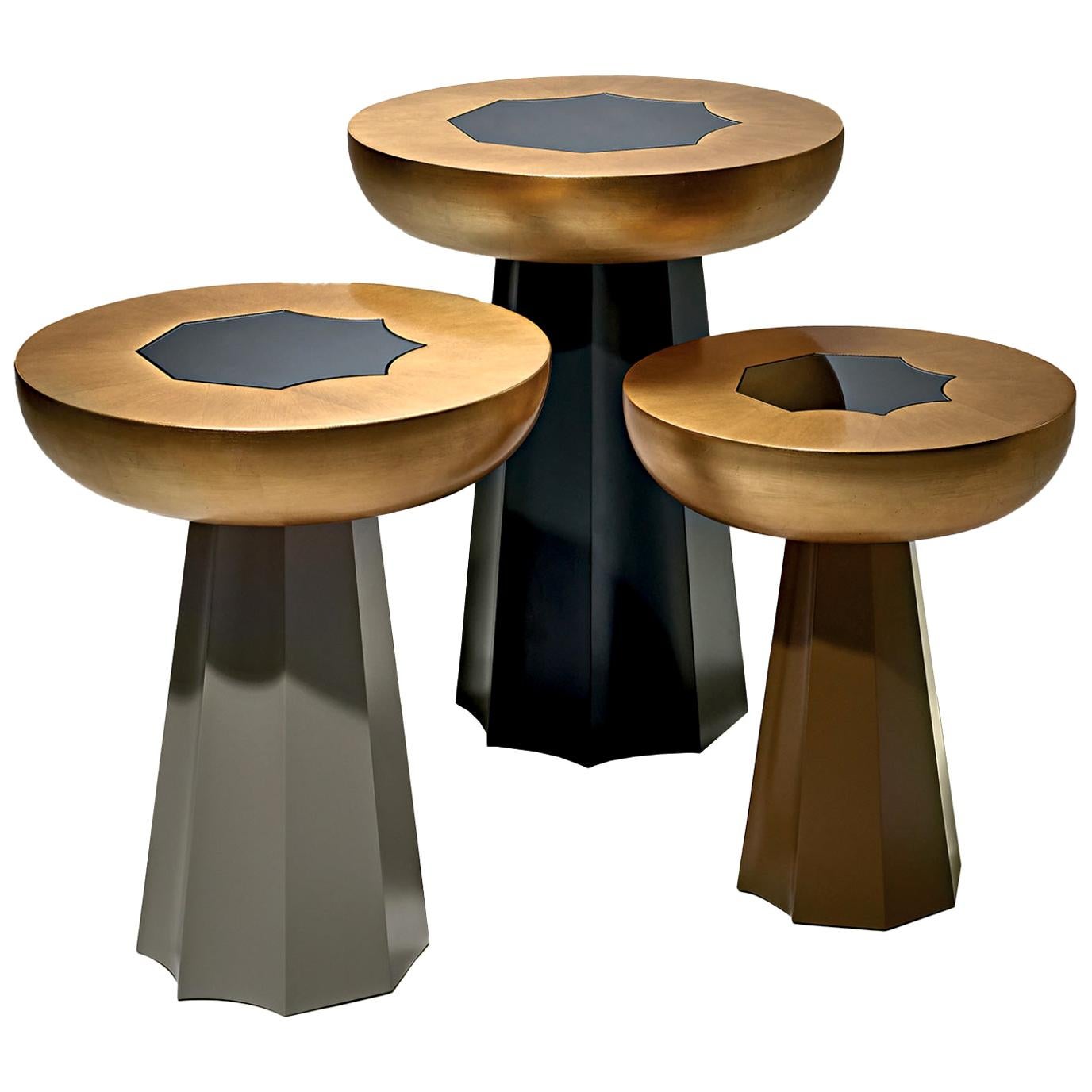 Gold Contemporary and Customizable Table Set in Gold Leaf and Grey Mirror For Sale