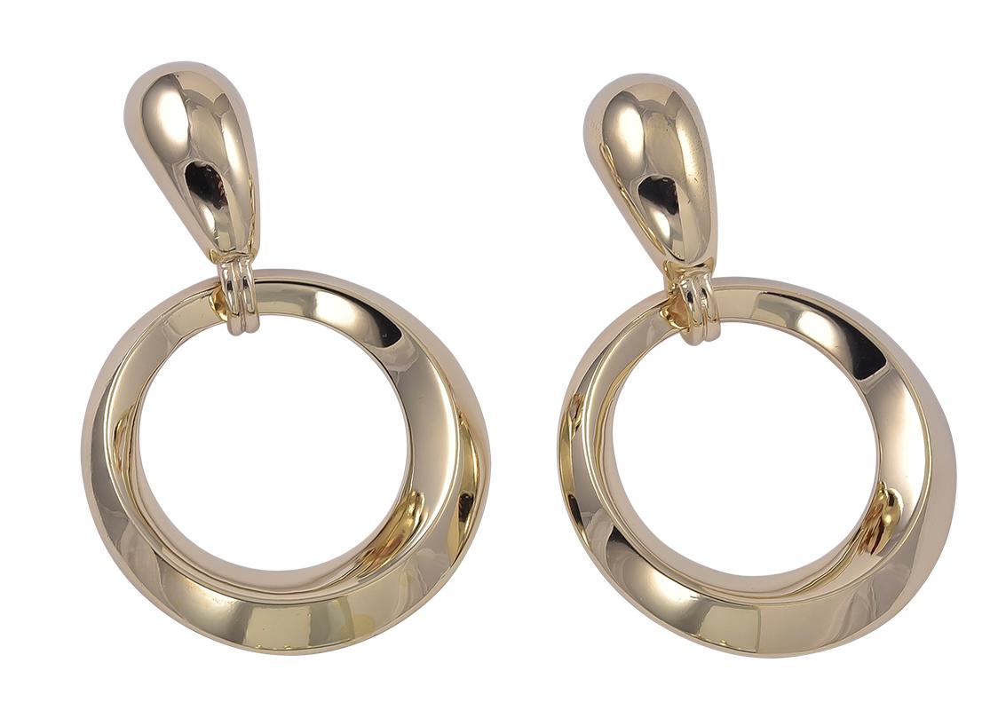 Very smart beveled hoop earrings.  Made and signed by TIFFANY & CO.  14K yellow gold.  1 3 /4