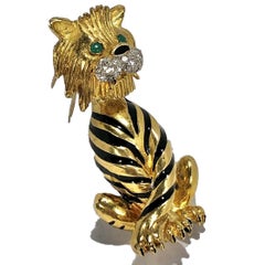 Gold Tiger Brooch with Diamond Bezel, Emerald Eyes and Black Enamel Stripes