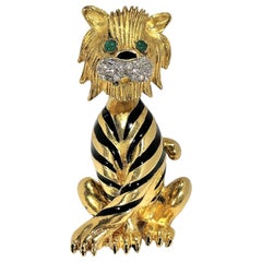 Gold Tiger Brooch with Diamond Bezel, Emerald Eyes and Black Enamel Stripes